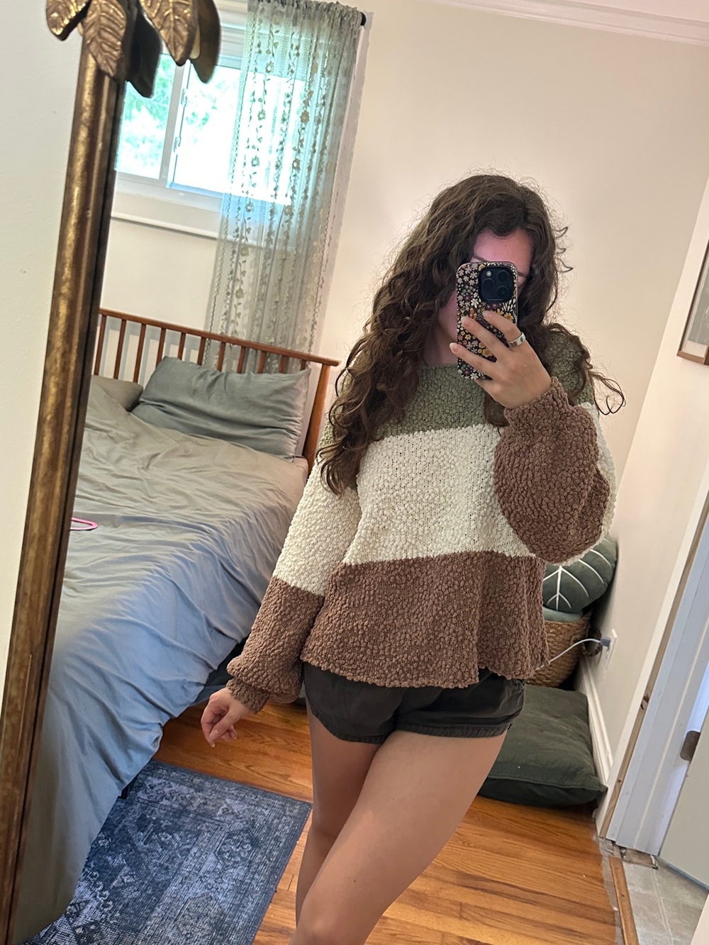 Altar'd State Olive, Cream & Brown Plush Colorblock Crew Sweater